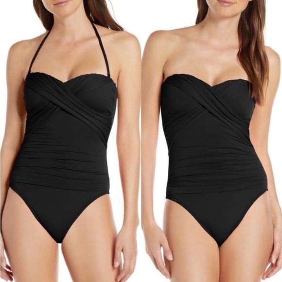 La Blanca Island Goddess Black Twist Front Bandeau One Piece Swimsuit size 8 M - Picture 1 of 7